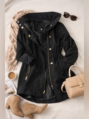 Tyler Böe Black Hooded Jacket Gold Hardware Zip Front Cinched Waist Size Small